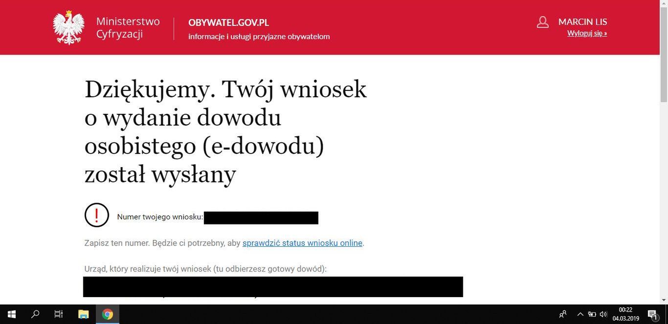 Potwierdzenie wysłania wniosku o e-dowód 