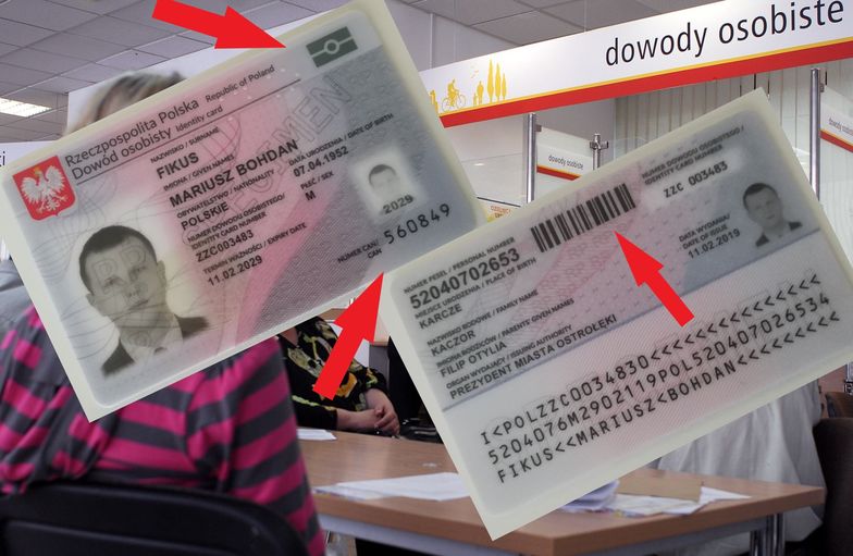 Awers i rewers nowego - elektronicznego - dowodu osobistego z kluczowymi nowościami - znak "chipu", kod CAN oraz kod kreskowy