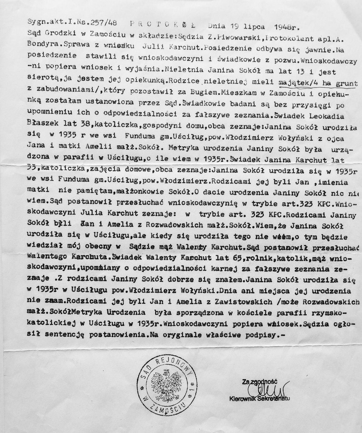 Akta Sądu Grodzkiego w Zamościu dotyczące Janiny. Zdjęcie z książki „Dziewczyny z Wołynia” 