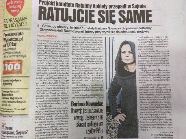 "Gazeta Wyborcza" z Barbarą Nowacką na pierwszej stronie 