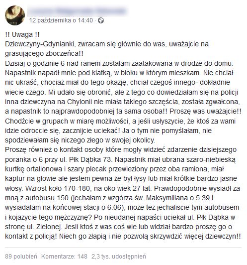 Gdynianka opisała napastnika na Facebooku. 