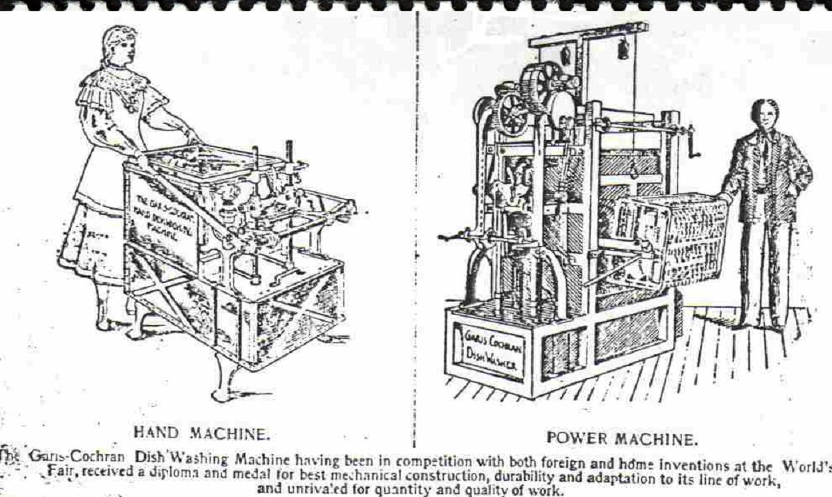 Informacja o zmywarce według projektu Josephine Cochrane zamieszczona po wystawie światowej w Chicago