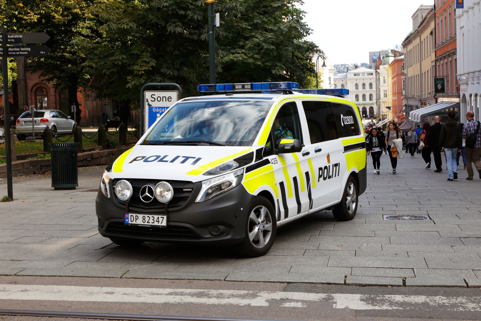 One Norwegian police vehicle patrolling i down town Oslo