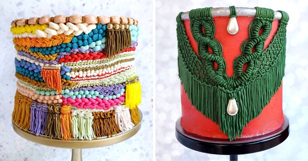 23 barwne torty, które wyglądają jakby zostały zrobione na drutach lub szydełku. Przypominają ciepłe sweterki