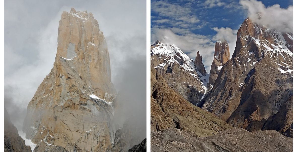 Po lewej Wieża Bez Imienia, po prawej cała grupa Trango Towers 