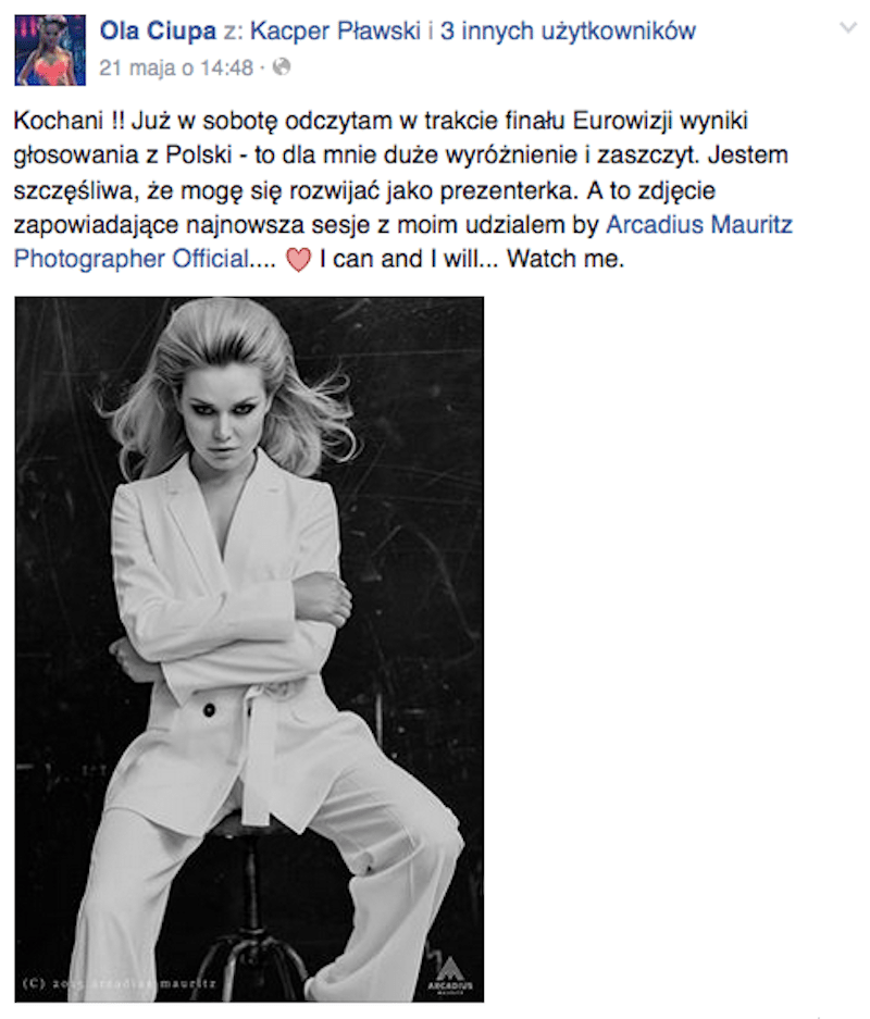 Ola Ciupa na Facebooku napisała, że poda polskie punkty na Eurowizji 2015
