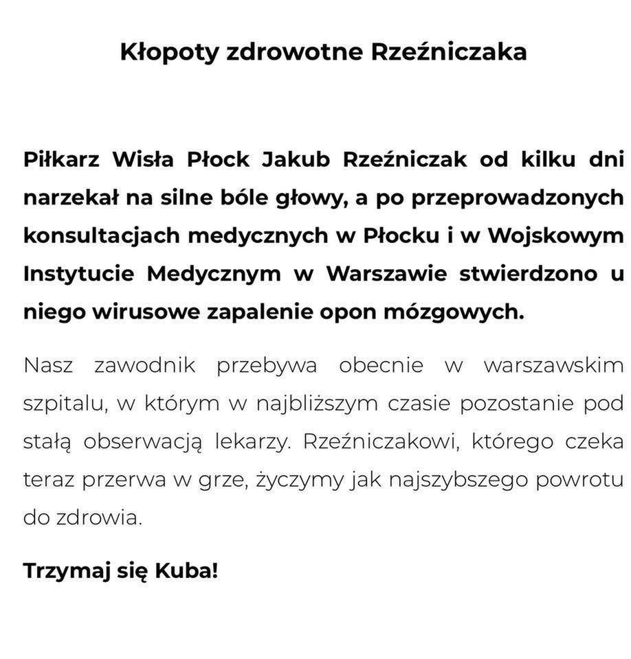 Jakub Rzeźniczak - oświadczenie o stanie zdrowia