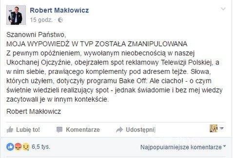 Oświadczenie Roberta Makłowicza o spocie TVP