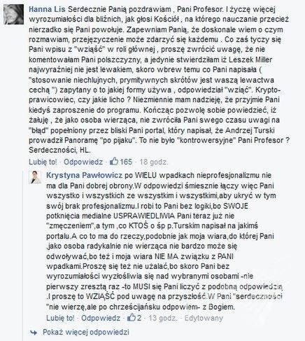 Hanna Lis odpowieda Krystynie Pawłowicz na Facebooku