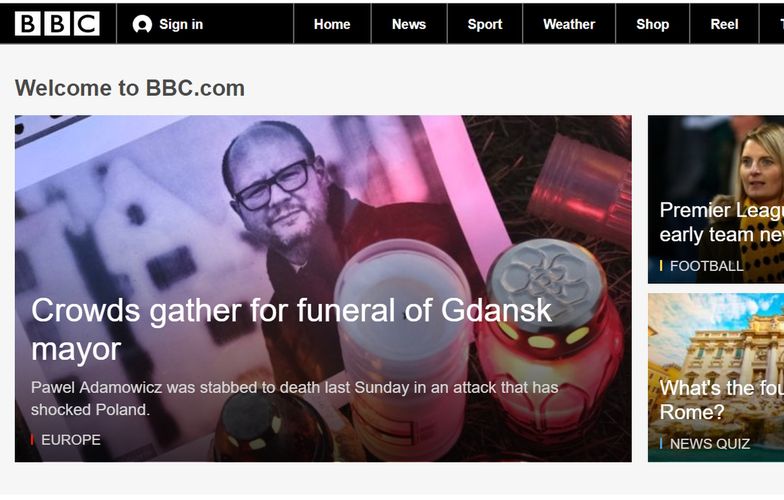 Informacje o pogrzebie Pawła Adamowicza na stronie głównej serwisu BBC