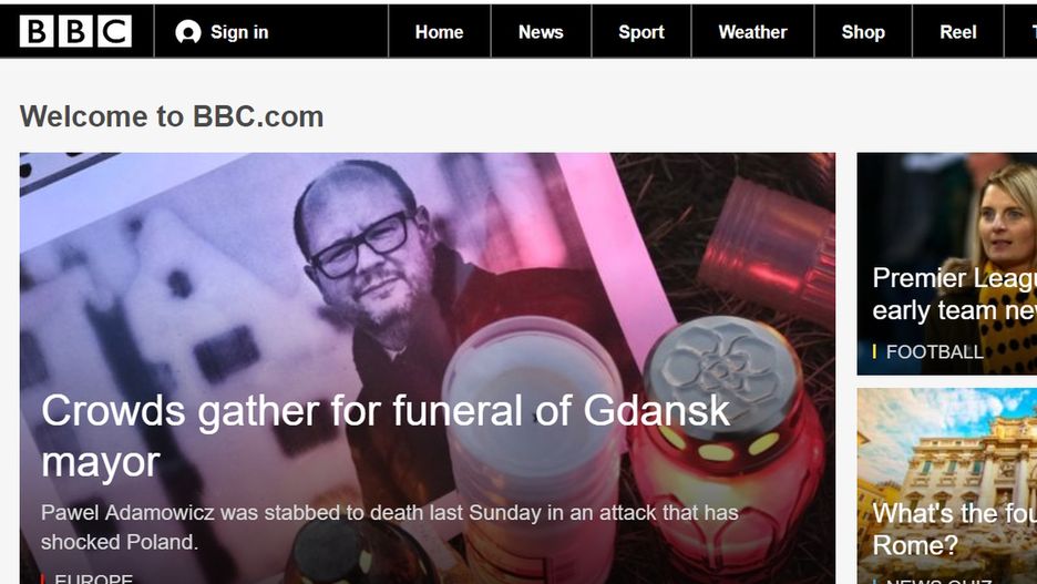 Informacje o pogrzebie Pawła Adamowicza na stronie głównej serwisu BBC