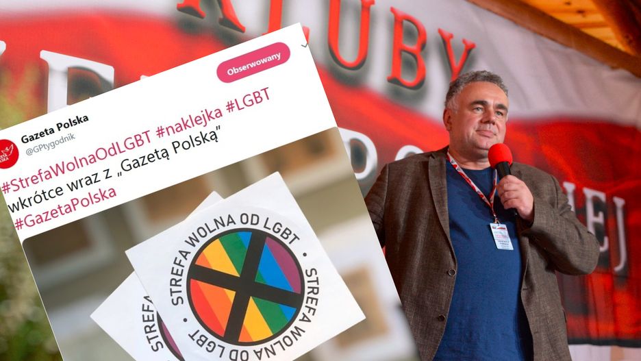 "Gazeta Polska" i homofobiczne naklejki. Na zdjęciu redaktor naczelny Tomasz Sakiewicz