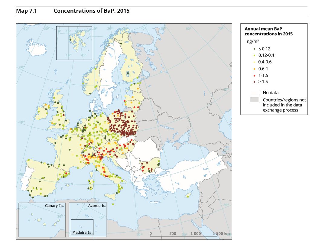 Stężenie Benzoalfapirenu w Polsce i w Europie w 2015 roku. 