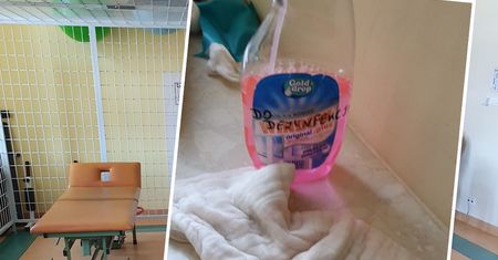 Pacjent ośrodka rehabilitacyjnego pokazuje zdjęcie. Płyn do szyb zamiast płynu do dezynfekcji