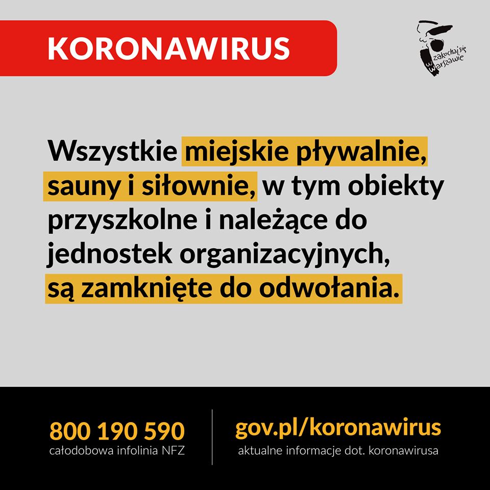 Koronawirus w Warszawie. Zamknięte pływalnie, sauny i siłownie