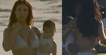 Kim Kardashian w bikini i z córką na rękach