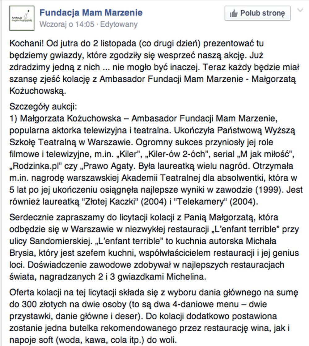 Fundacja Mam Marzenie, Kolacja Marzeń, Małgorzata Kożuchowska
Fotografia: screen z Facebook.com