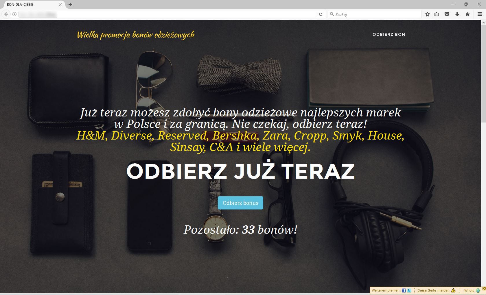 Strona wyświetlana po kliknięciu w link umieszczony w komentarzu przez fałszywy profil Anny Lewandowskiej 