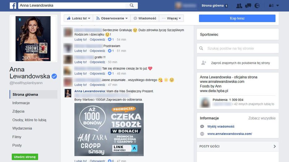 Komentarz opublikowany przez fałszywe konto na oficjalnym profilu Anny Lewandowskiej
