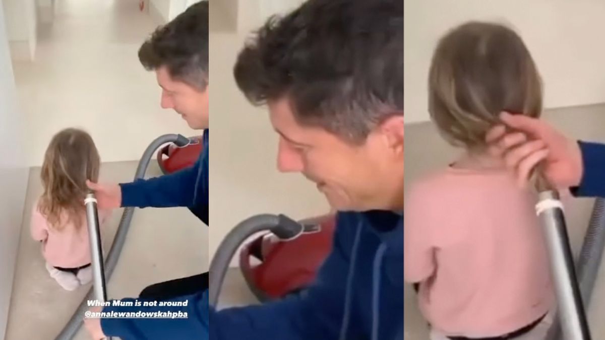 Robert Lewandowski układa córce włosy odkurzaczem