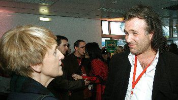 Danuta Huebner i śpiewak Marek Torzewski na targach muzycznych MIDEM 2004 w Cannes