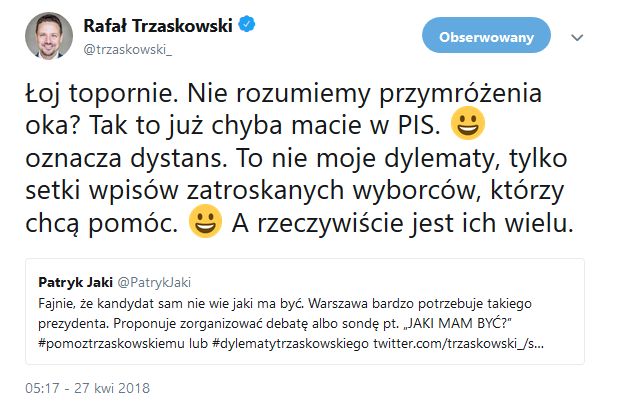 Rafał Trzaskowski ripostuje Jakiego. Tyle że... z błędem ortograficznym 