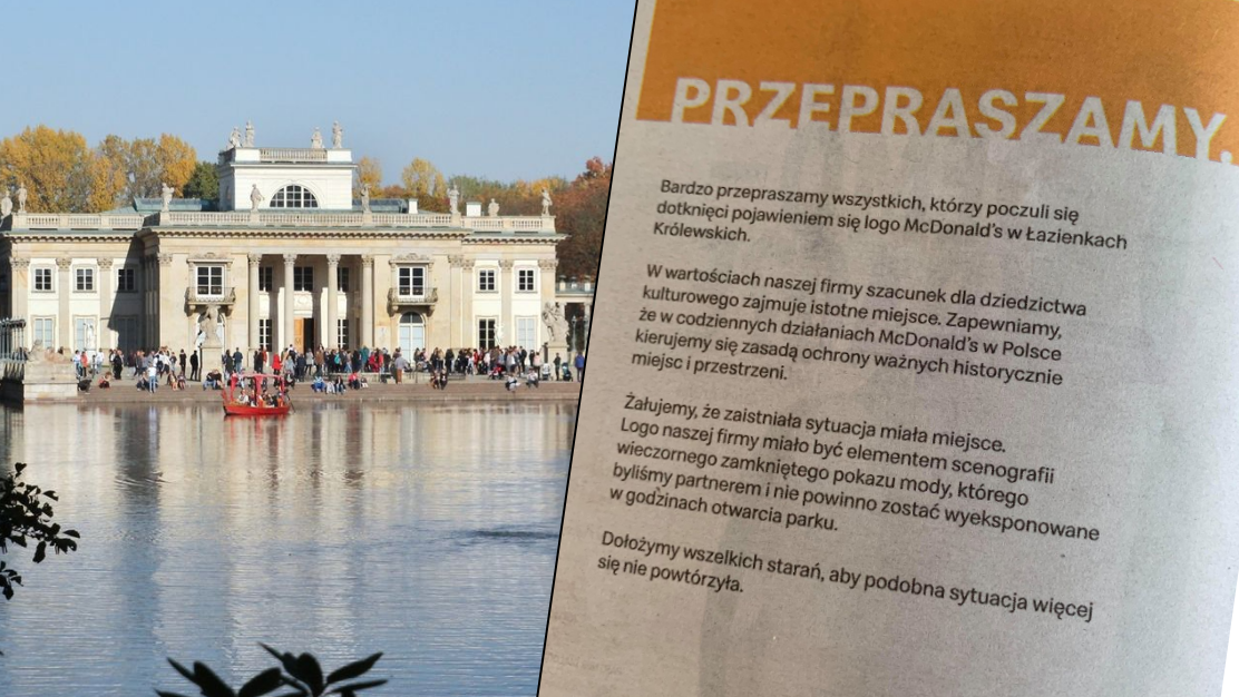 McDonald's przeprasza za pływającą reklamę w Łazienkach Królewskich w Warszawie