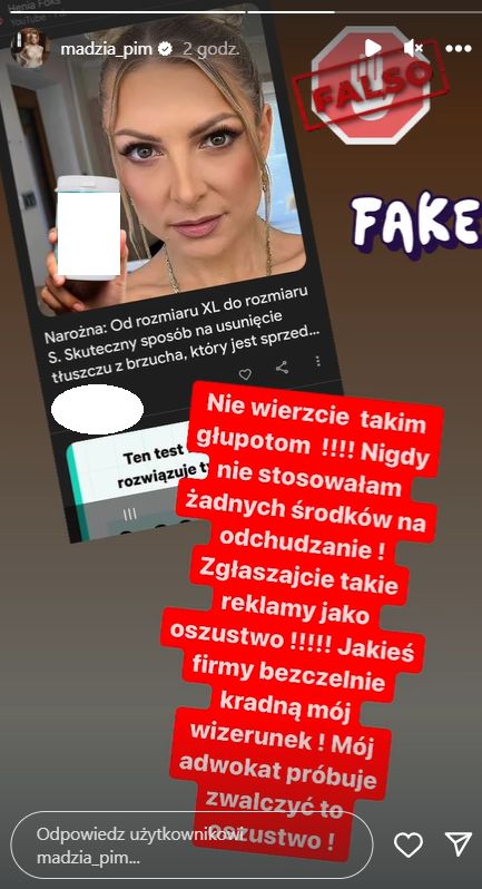 Magda Narożna walczy z fake newsem na swój temat (fot. InstaStories)