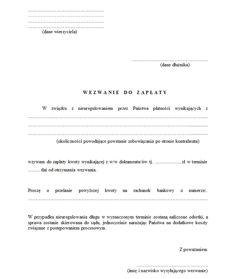 Przykład druku wezwania do zapłaty 