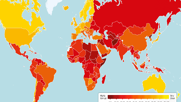 Wykres dot. korupcji z ostatniego raportu Transparency. Im kolor ciemniejszy, tym wyższy poziom korupcji w danym kraju.