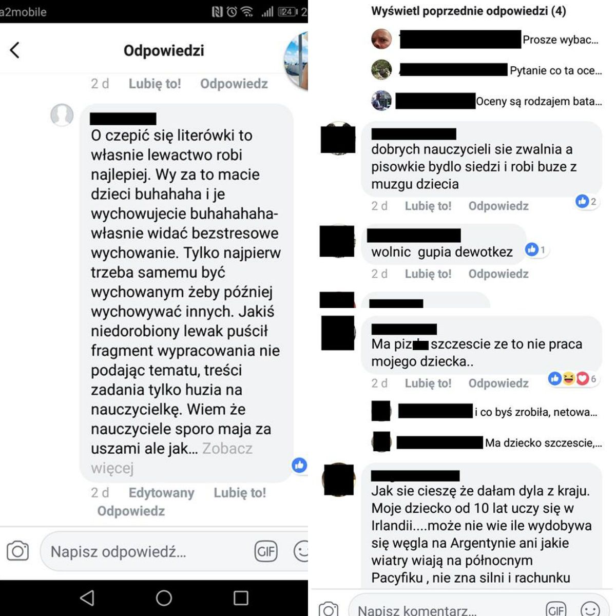 Screeny komentarzy dodawanych w większości przez nauczycieli 