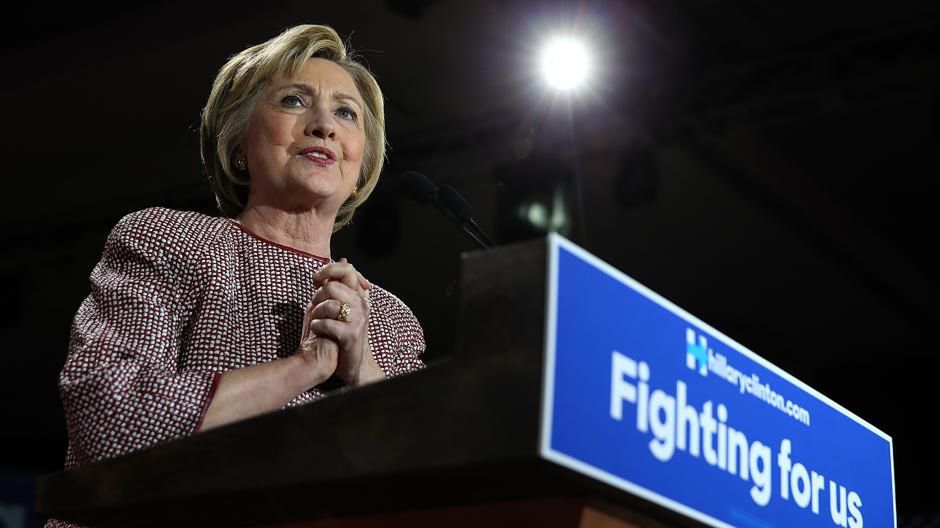 Democratic presidential candidate former Secretary of State Hillary Clinton speaks during a primary election night gathering on April 19, 2016 in New York City. Hillary Clinton defeated democratic rival U.S. Sen. Bernie Sanders in the New York presidential primary. 