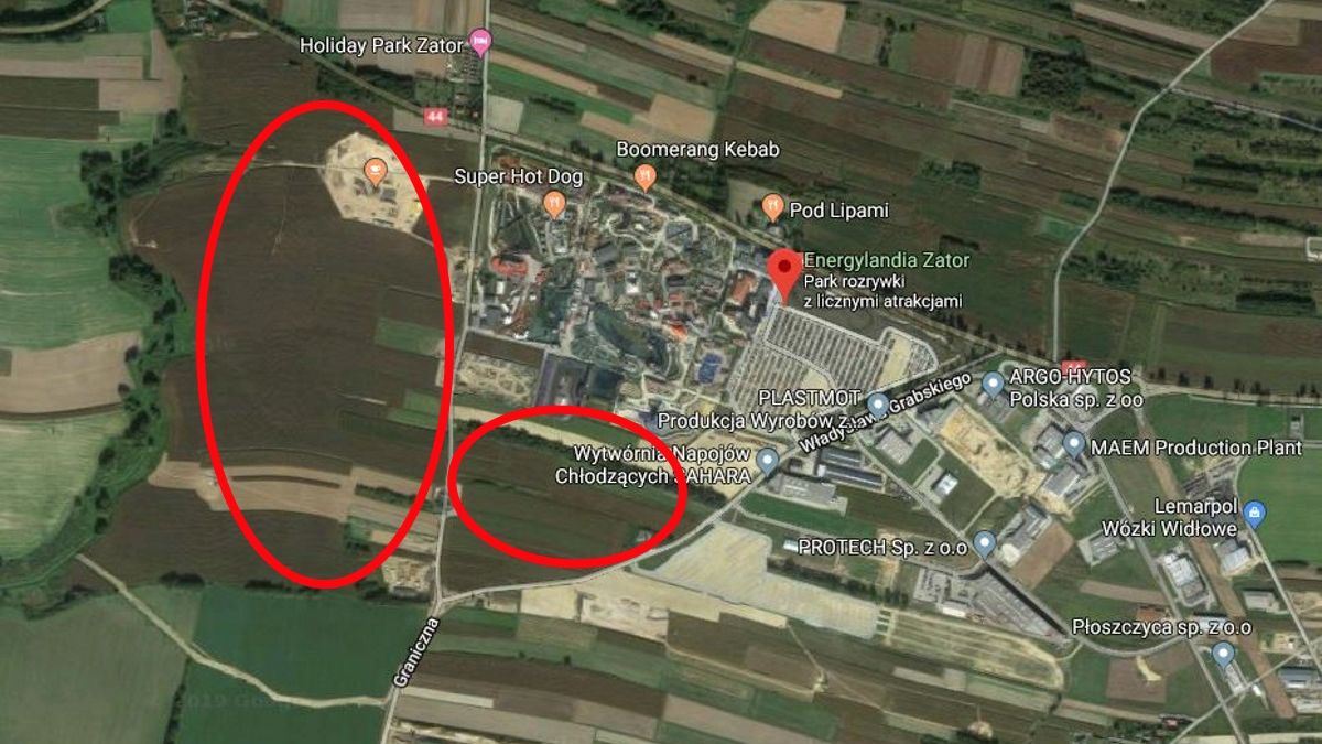 Na czerwono zaznaczono tereny, o które - według portalu wadowice24.pl, powiększyć ma się Energylandia