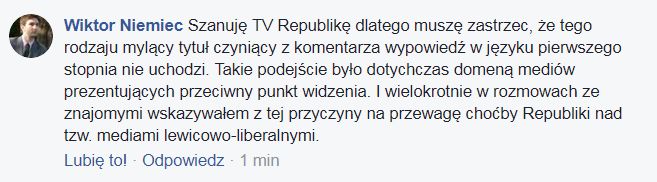 Komentarz pod postem TV Republika, gdzie pojawił się zmyślony cytat z Tuska 