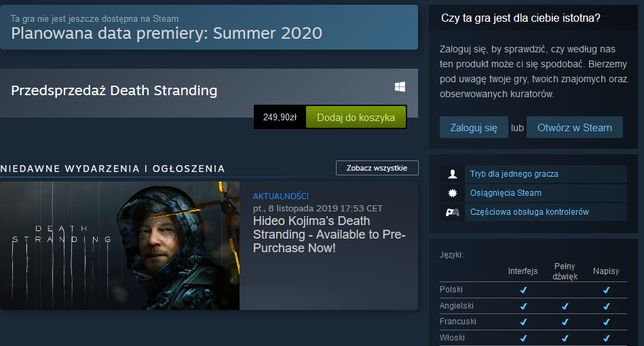 Karta produktu Death Stranding na Steam 