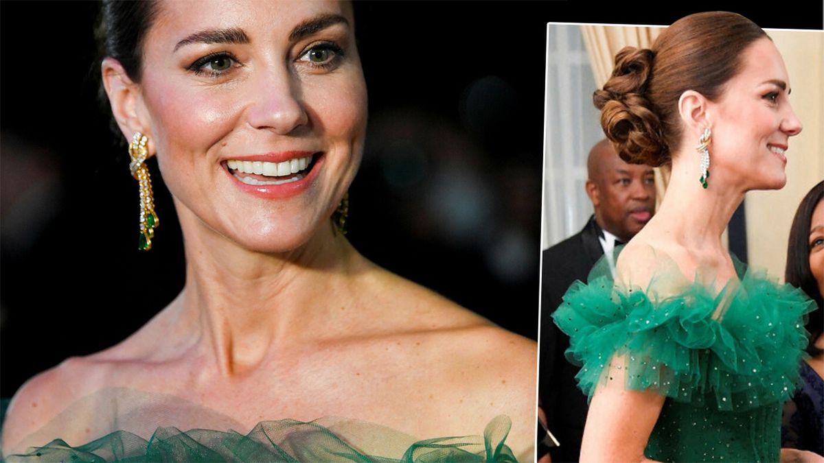 Księżna Kate zachwyca na Jamajce. Balowa suknia warta jest krocie, a biżuteria to ulubione błyskotki królowej Elżbiety II