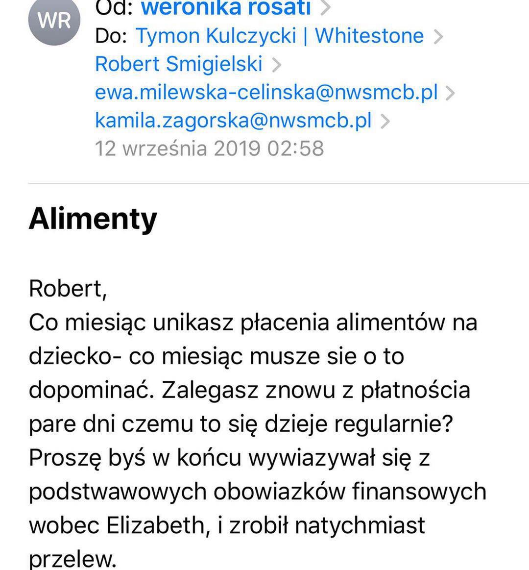 Weronika Rosati – screen e-maila wysłanego do Roberta Śmigielskiego