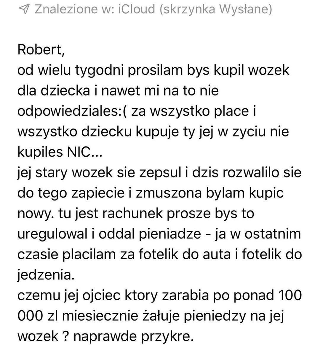 Weronika Rosati – screen e-maila wysłanego do Roberta Śmigielskiego