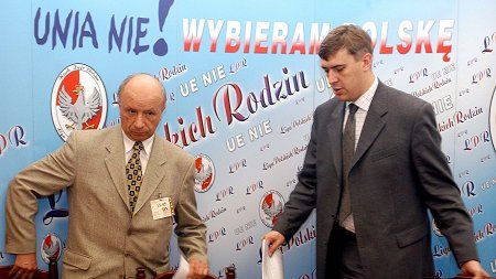 Prof. dr hab. med. Bogdan Chazan i lider LPR Roman Giertych na konferencji prasowej