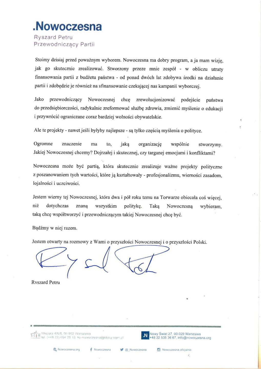Ryszard Petru w liście otwartym do struktur Nowoczesnej 