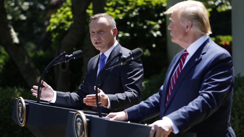Andrzej Duda i Donald Trump na wspólnej konferencji przed Białym Domem w Waszyngtonie
