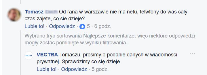 Komentarze na Facebook'u Vectry 