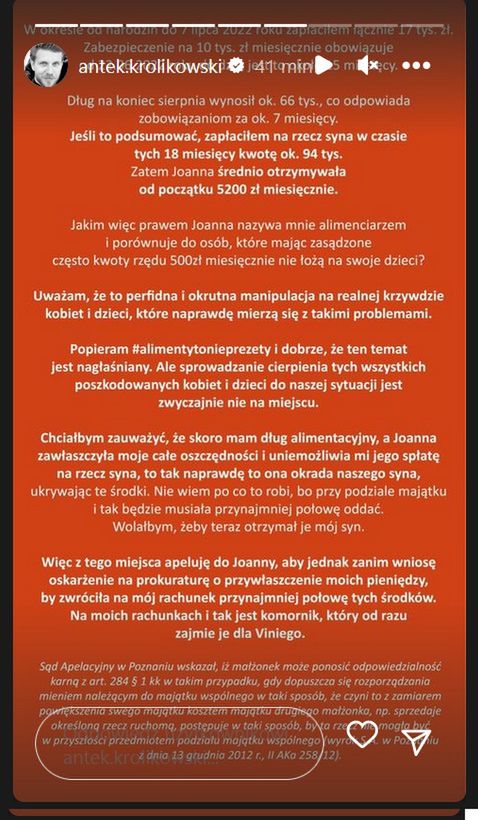 Oświadczenie Antoniego Królikowskiego w sprawie alimentów