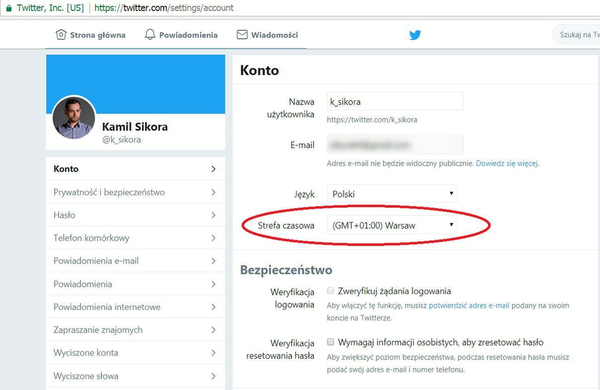 Ustawienia strefy czasowej na Twitterze. 