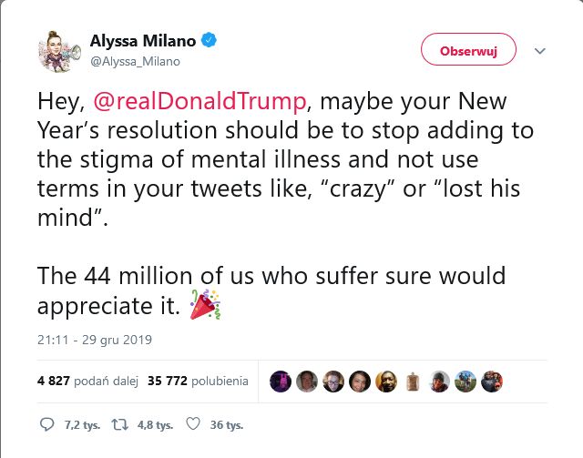 Alyssa Milano ma apel do Donalda Trumpa 