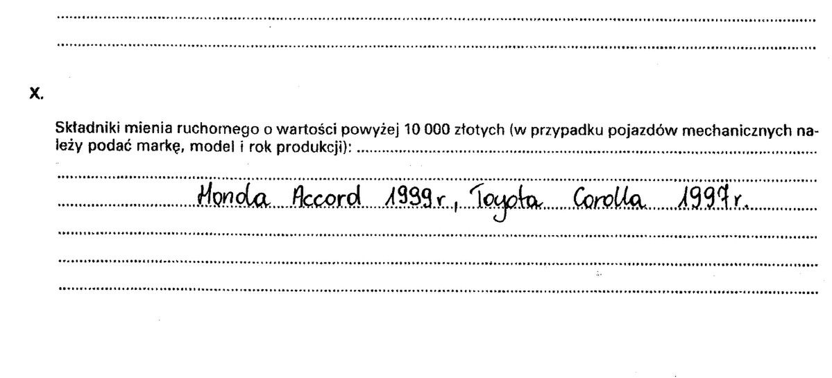 Fragment oświadczenia majątkowego Donalda Tuska, z 2005 roku. 