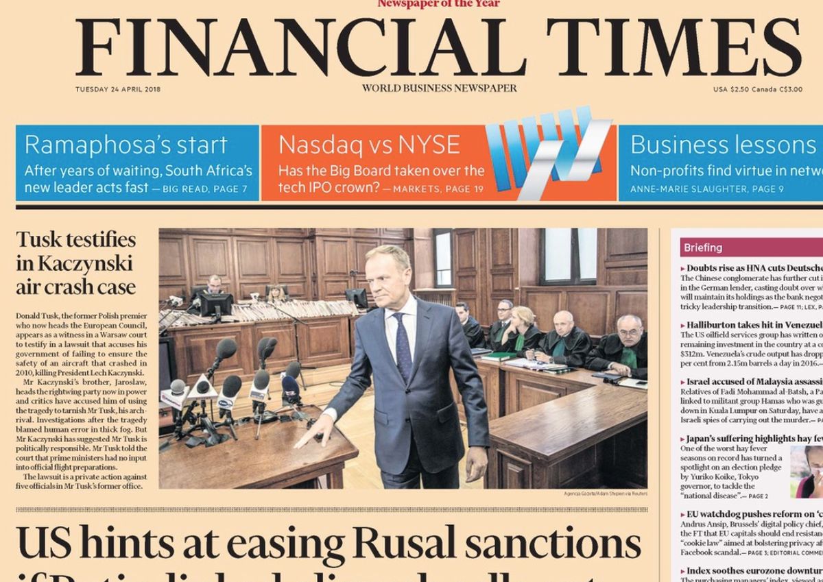 Tusk zeznawał w warszawskim sądzie. Teraz trafił na okładkę "Financial Times"