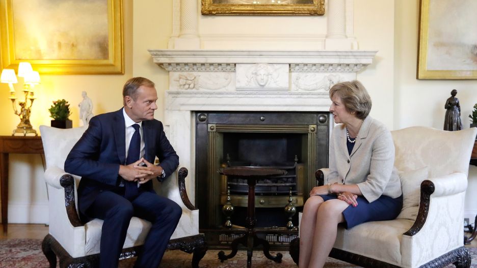Britain's Prime Minister Theresa May, right, talks with President of the European Council Donald Tusk at 10 Downing Street in London, Thursday, Sept. 8, 2016. They met for a bilateral meeting to discuss Brexit, amid increasing pressure over a lack of detail in the Government's stated strategy. (AP Photo/Kirsty Wigglesworth, Pool)