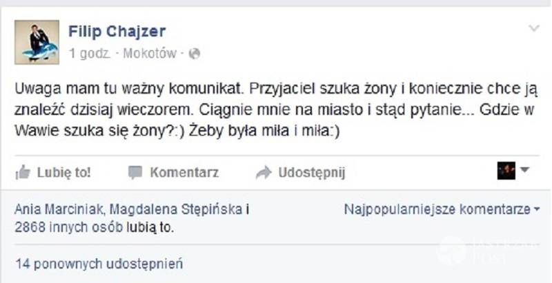 Wpis Filipa Chajzera na Facebooku