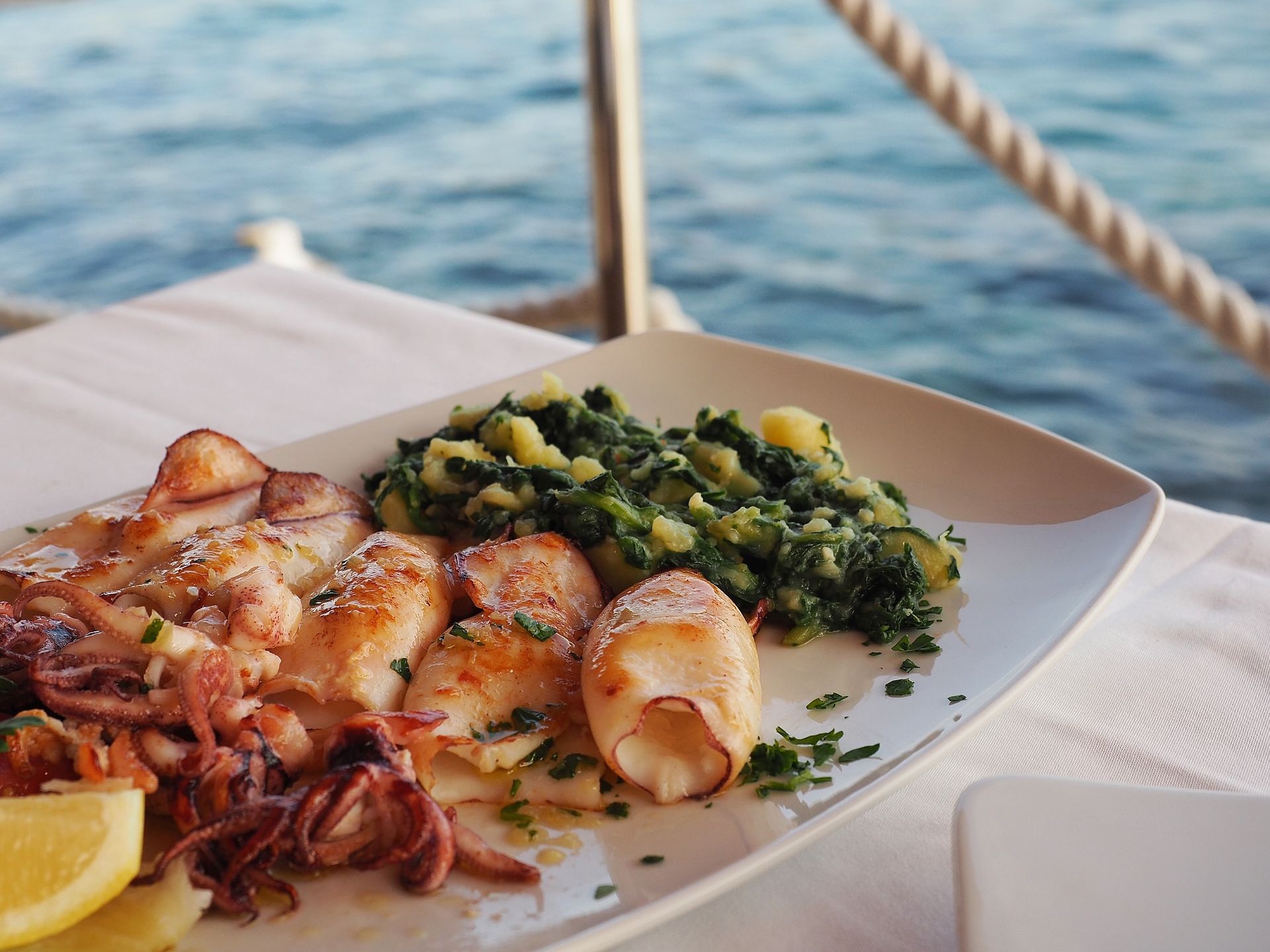 Grilled squid with boiled potatoes and chard (blitva) on white plate with sea on background. Traditional Croatian food. Rovinj, July 2017. 